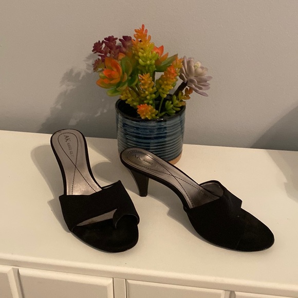 Anne Klein Shoes - Anne Klein black fabric slides with 2 inch heel. Good condition.